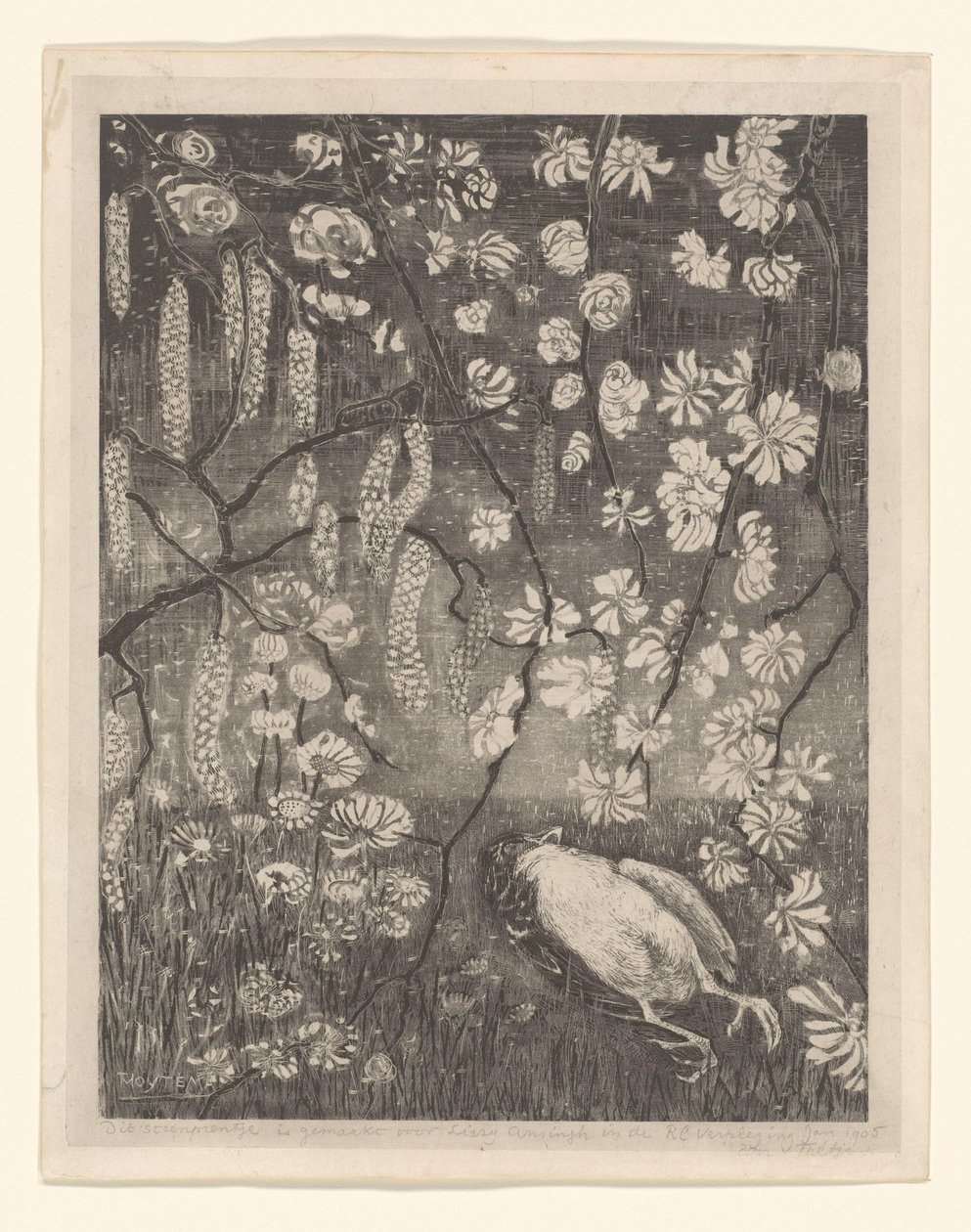 Ela ve hanımeli dalları altında ölü kuş Çiçek Çalışmaları (orijinal başlık) by Theo van Hoytema