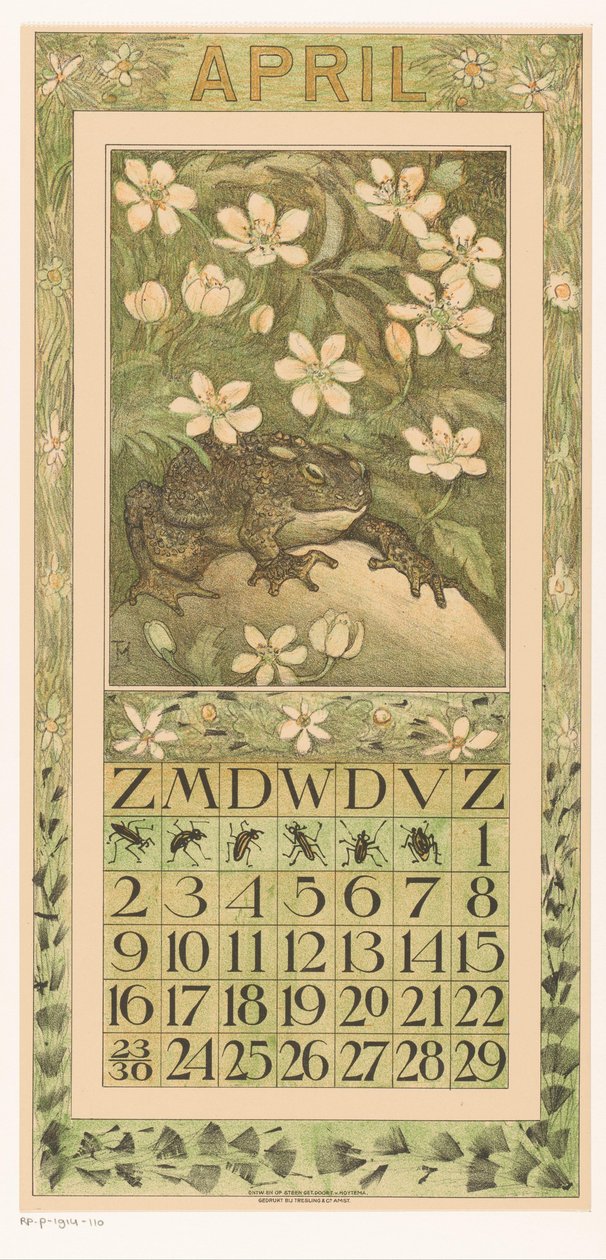 Kurbağa ile Nisan takvim sayfası Takvim 1911 Th tarafından 12 litografi. v. Hoytema (dizi adı) Çiçeklerin altındaki yol by Theo van Hoytema
