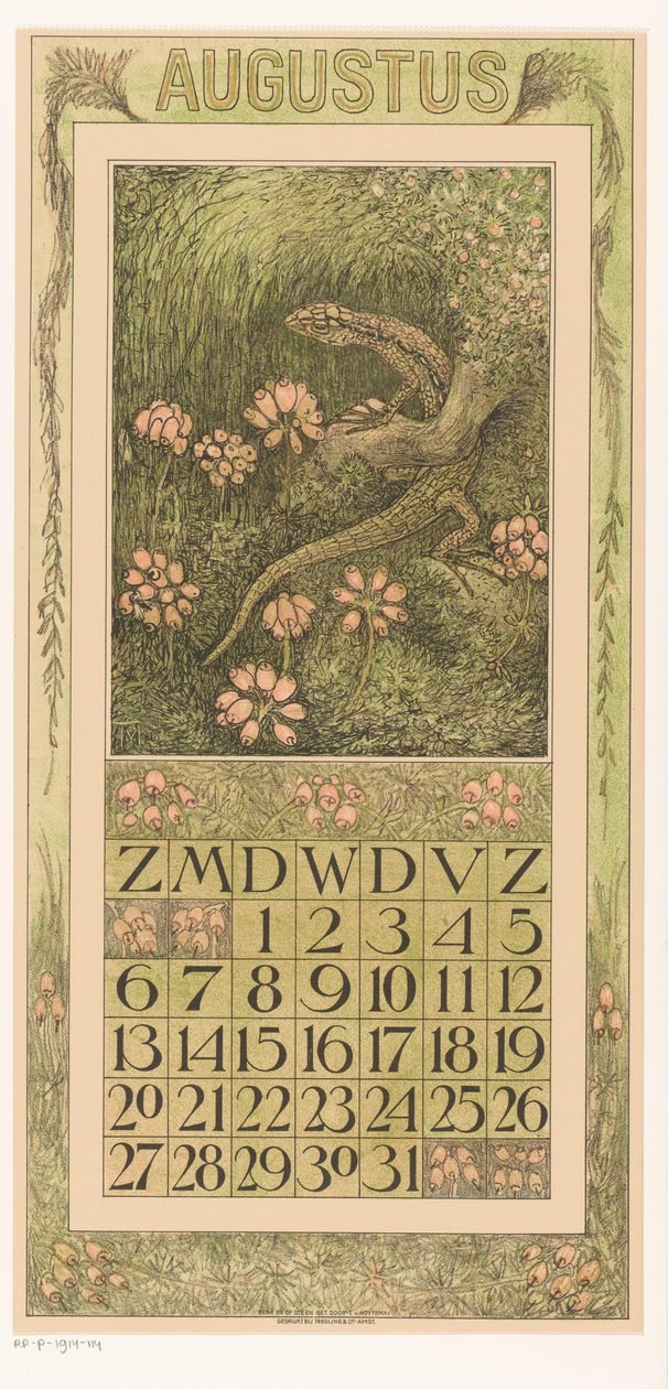 Kertenkeleler ve kabukları ile takvim sayfası Ağustos Takvim 1911 Th tarafından 12 litografi. v. Hoytema (dizi adı) by Theo van Hoytema