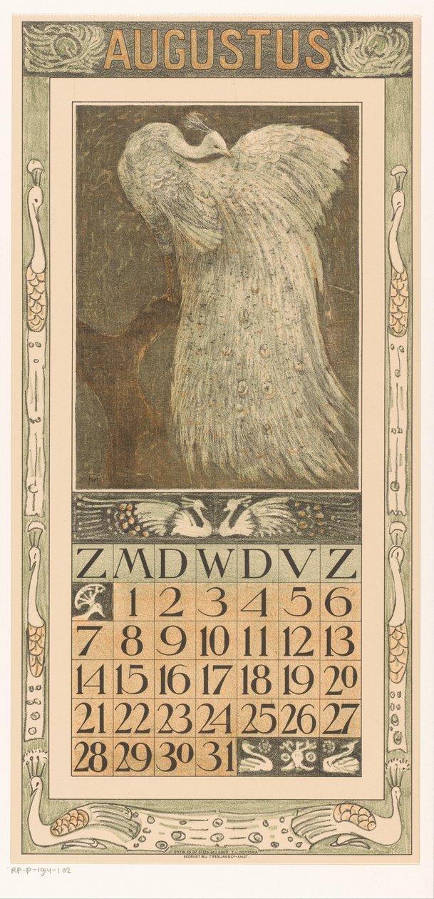 Beyaz tavus kuşu ile takvim yaprağı Ağustos Takvim 1910 Th tarafından 12 litografi. v. Hoytema (dizi adı) by Theo van Hoytema
