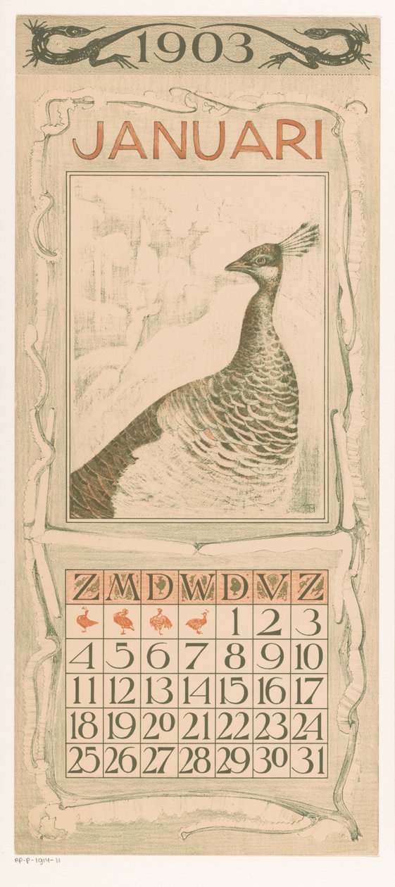 Tavus kuşu ile Ocak takvim sayfası Takvim 1903 Th tarafından 12 litografi. v. Hoytema (dizi adı) by Theo van Hoytema