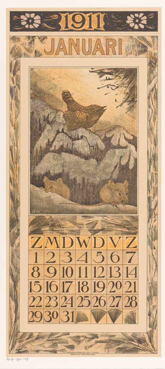 çalıkuşu ve fareler ile Ocak takvim sayfası Takvim 1911 Th tarafından 12 litografi. v. Hoytema (dizi adı) by Theo van Hoytema
