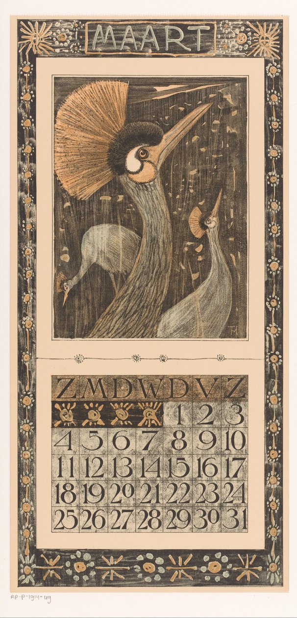 Takvim dergisi Mart taç muslukları ile Takvim 1906 Th tarafından 12 litografi. v. Hoytema (dizi adı) by Theo van Hoytema