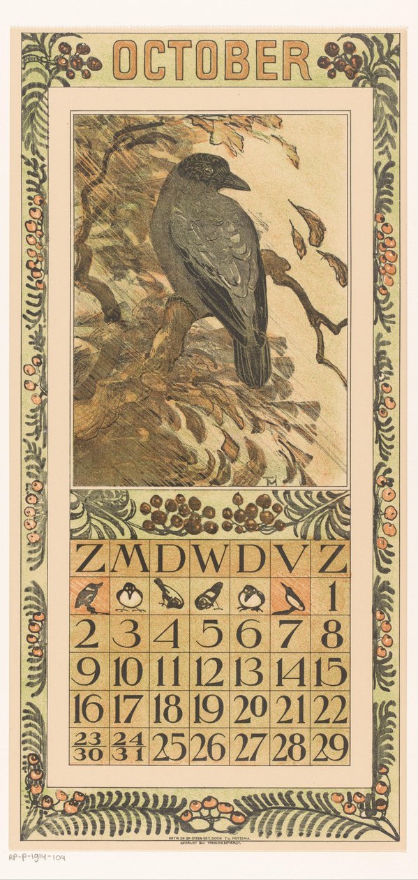 Kalenderblad oktober med varte kraai Kalender 1910 12 litografi, Th. v. Hoytema (dizi adı) by Theo van Hoytema