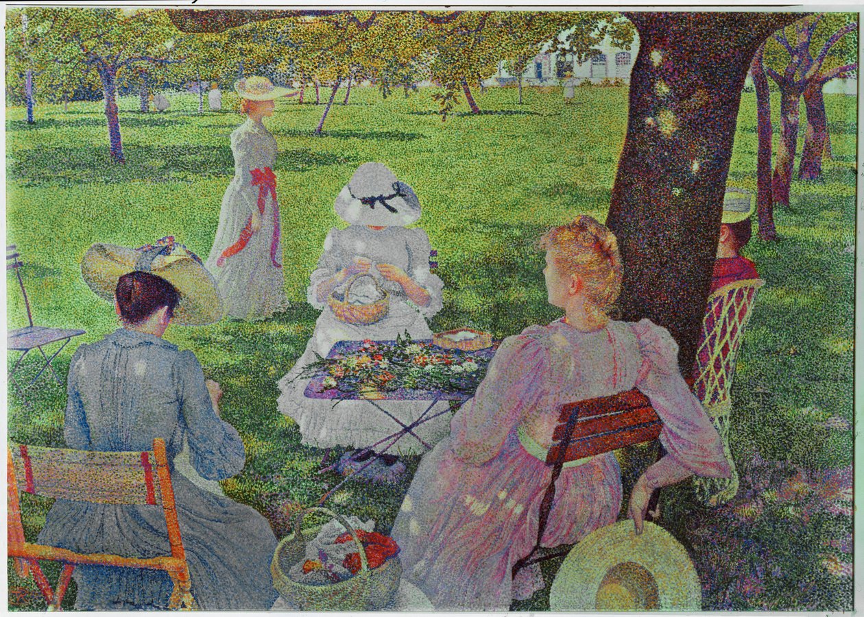 Meyve ağaçları olan bir bahçede aile (tuval üzerine resim) by Theo van Rysselberghe