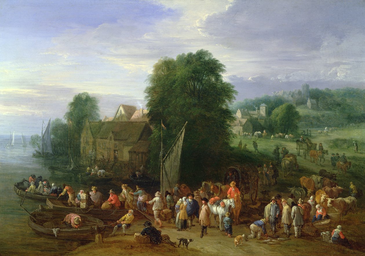 Bir iniş aşamasında birçok köylü ve yolcu ile ormanlık kıyı manzarası, ötesinde bir köy by Theobald Michau