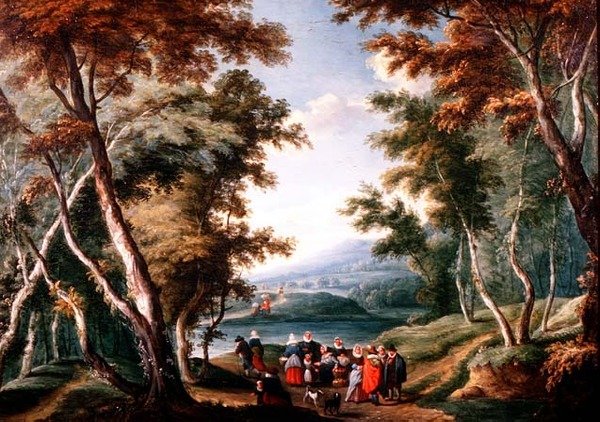 Meyve Satıcıları ve Diğer Figürlerle Ormanlık Peyzaj by Theobald (circle of) Michau