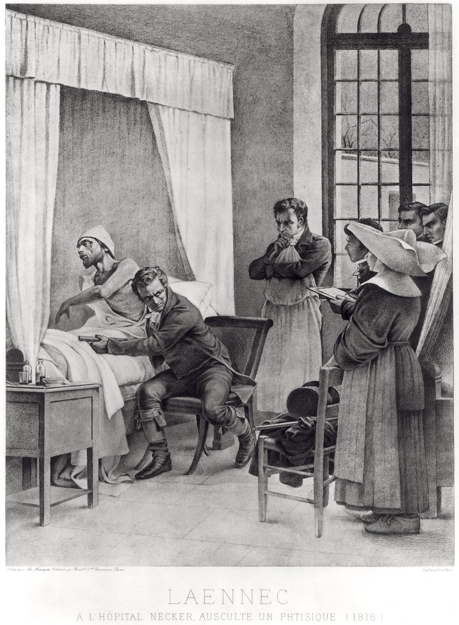 Rene Theophile Hyacinthe Laennec (1781-1826), sarhoş bir adamın göğsünü dinliyor, 1816 by Theobald Chartran