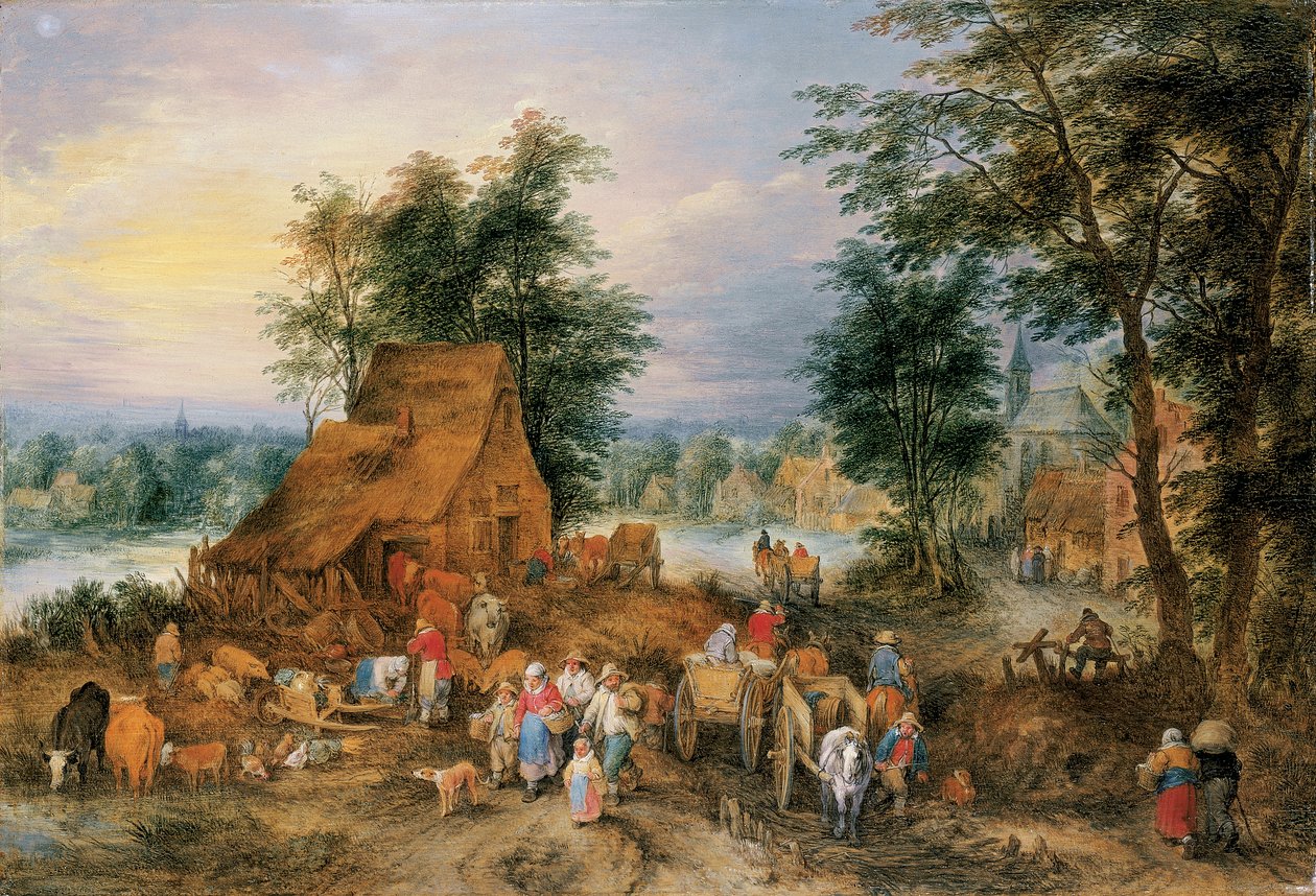 Köylülerin iş başında olduğu bir köy sahnesi by Theobald Michau