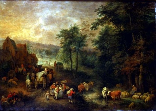 Köylüler ve Vagonlar ile Ormanlık Peyzaj by Theobald Michau