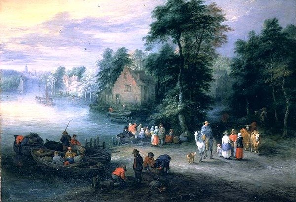 Rakamlar ve sığırlar ile ormanlık nehir manzarası by Theobald Michau