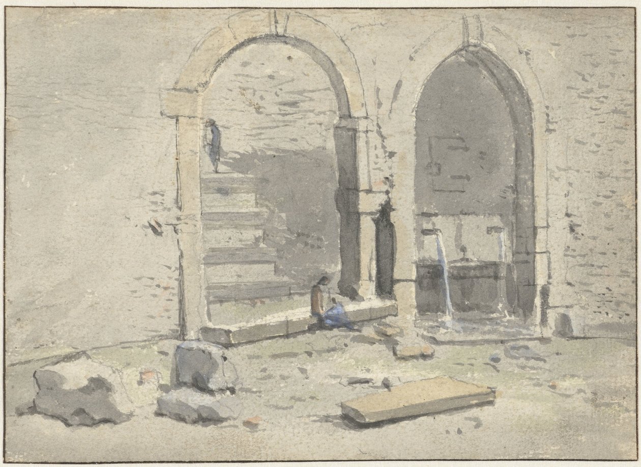 Bir merdiven inşa edilmiş bir şehir duvarına karşı çeşme by Theodoor Wilkens