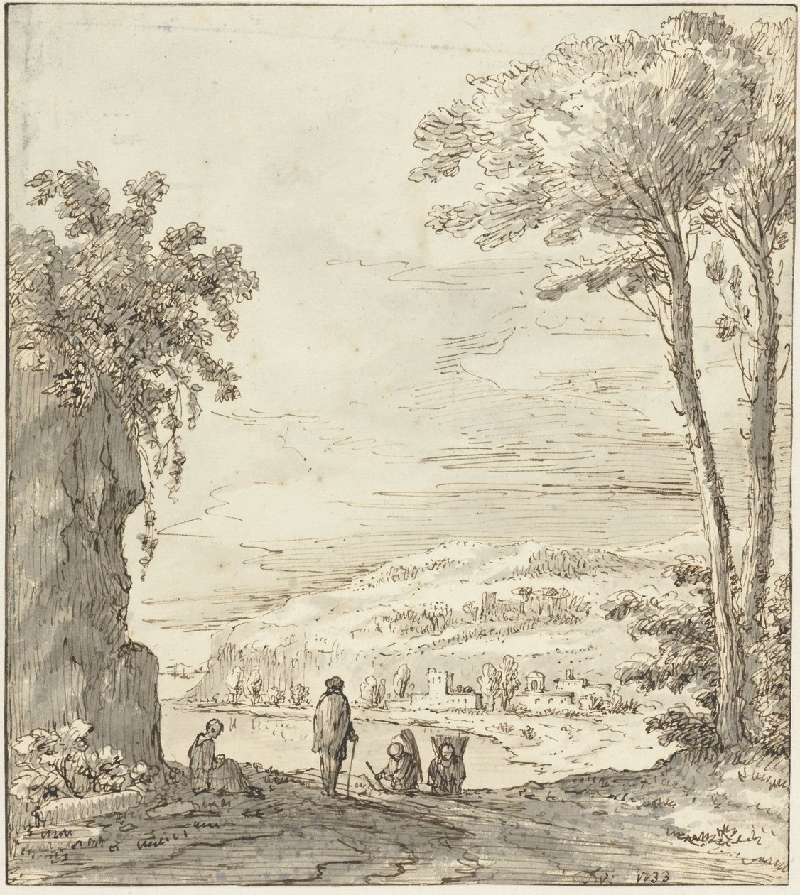 Bir kayanın yanında yürüyüşçüler ile İtalyan nehir manzarası by Theodoor Wilkens