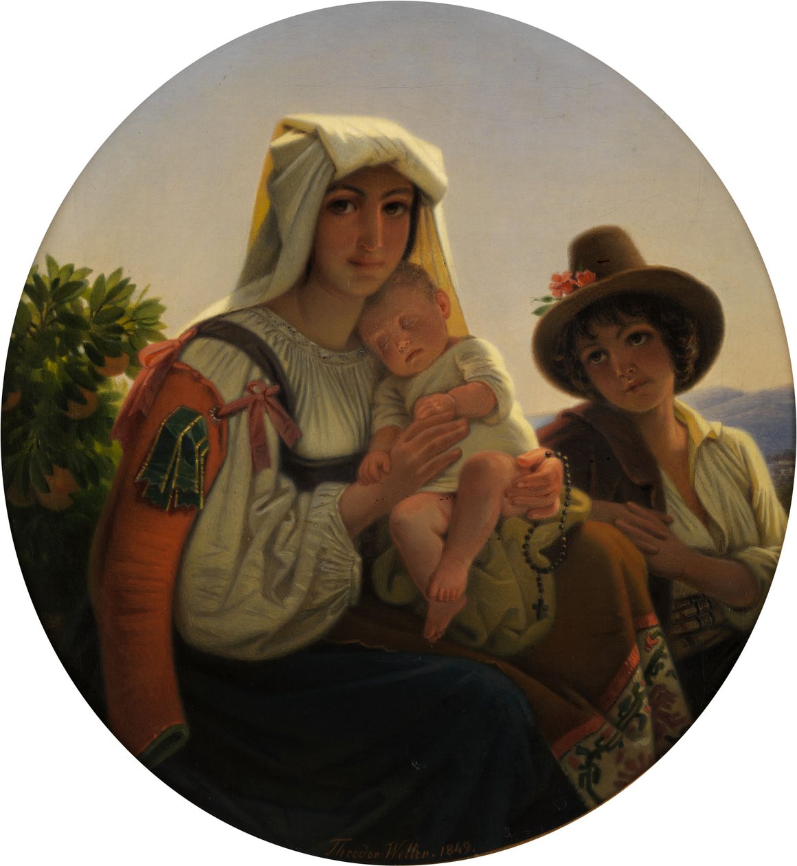 Bir manzara içinde yürümeye başlayan çocuk ve çocuk ile İtalyan anne by Theodor Leopold Weller