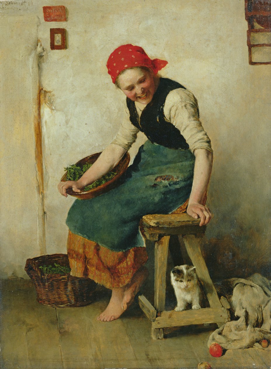 Kedili Genç Kız, 1884 (kağıt üzeri yağlı boya) by Theodor Schmidt