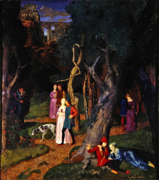 Decameron, Villanın Bahçesi (panelde yağlı boya) by Theodor Baierl