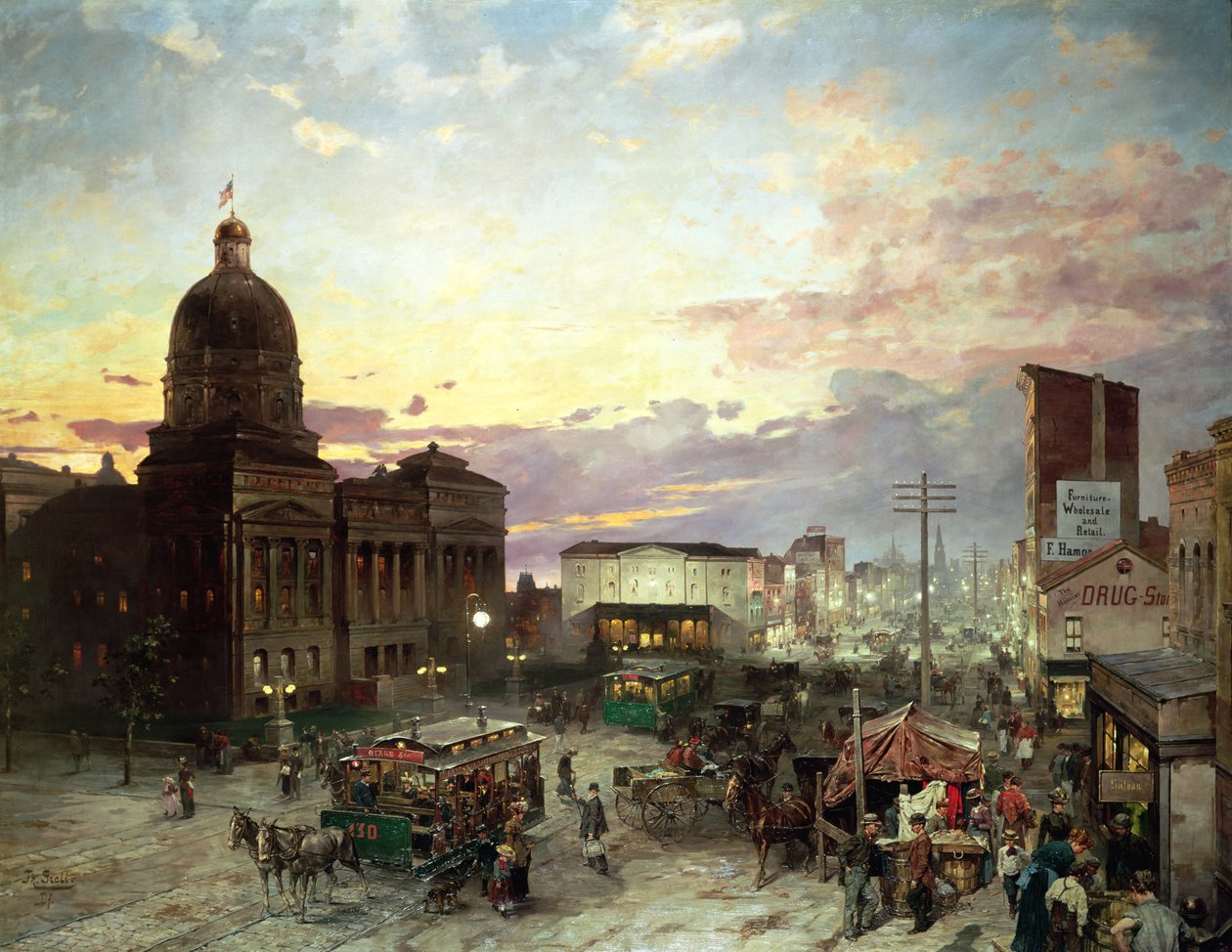 Washington Caddesi, Indianapolis Alacakaranlıkta (tuval üzerine yağlıboya) by Theodor Groll