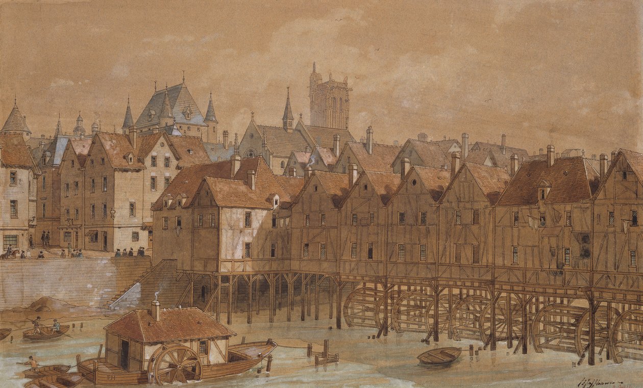 Grand Chatelet ve Pont aux Meuniers (kağıt üzerinde kalem, mürekkep ve wc) by Theodor Josef Hubert Hoffbauer