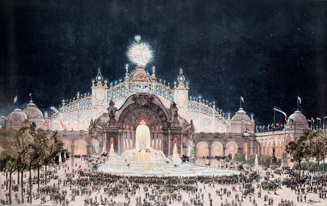 Evrensel sergi, elektrik ve su kalesi sarayının görünümü, Paris (Baskı by Theodor Josef Hubert Hoffbauer