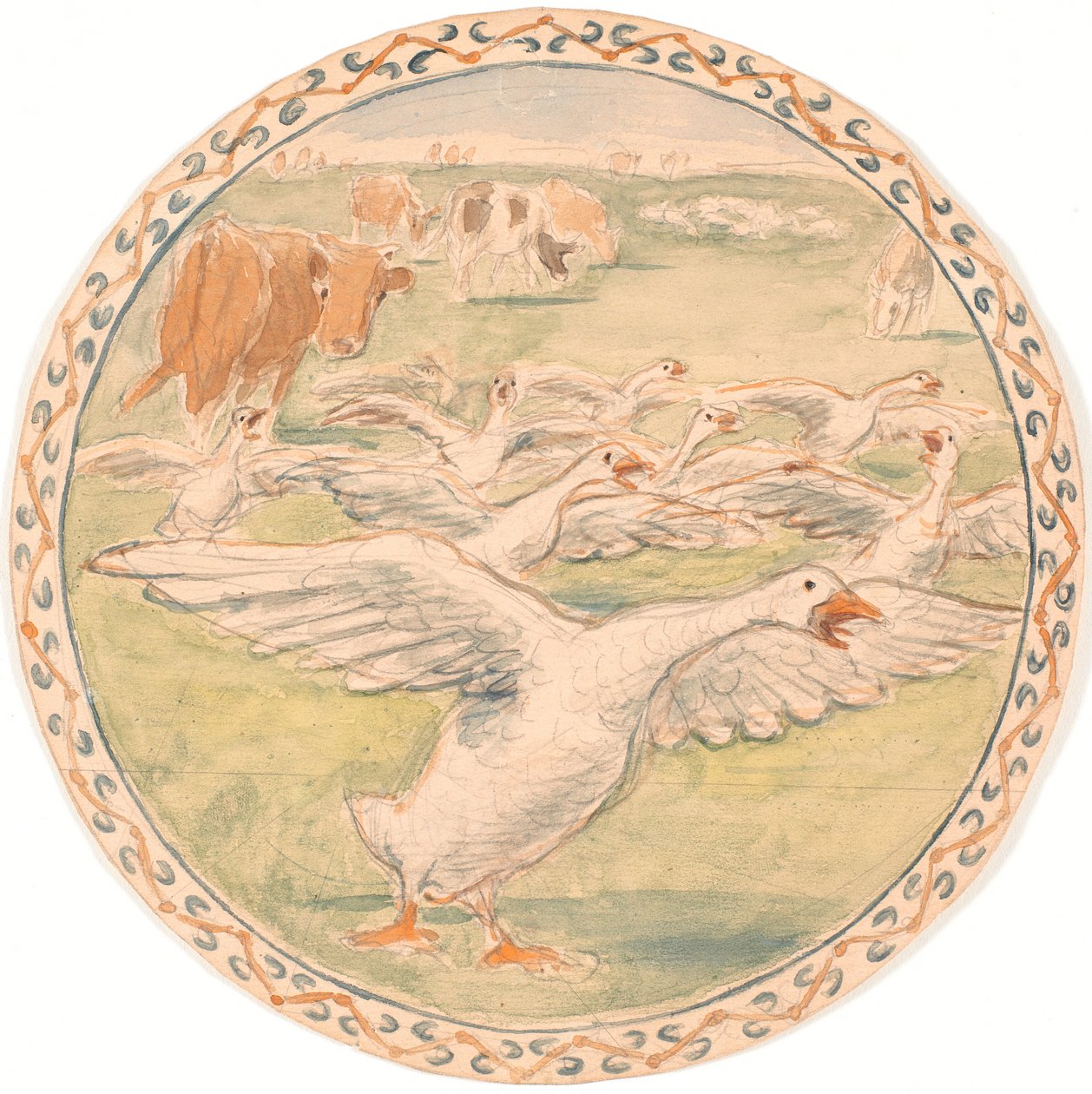 Otlayan inekler ve koşan kazlar (taslak seramik tabak) by Theodor Philipsen