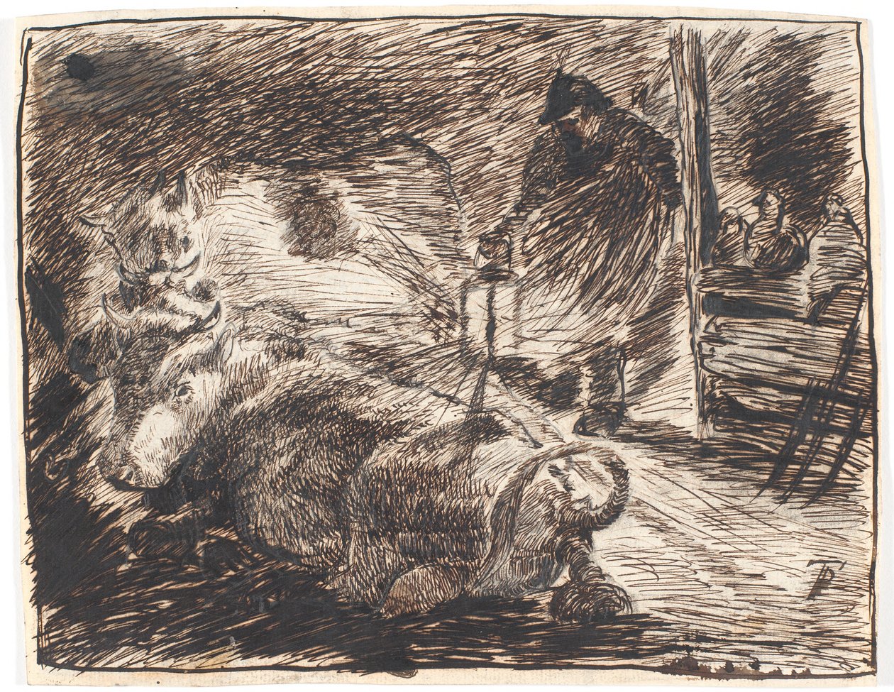 Akşamları yalancı inekler ve fenerli bir adamla istikrarlı iç mekan by Theodor Philipsen