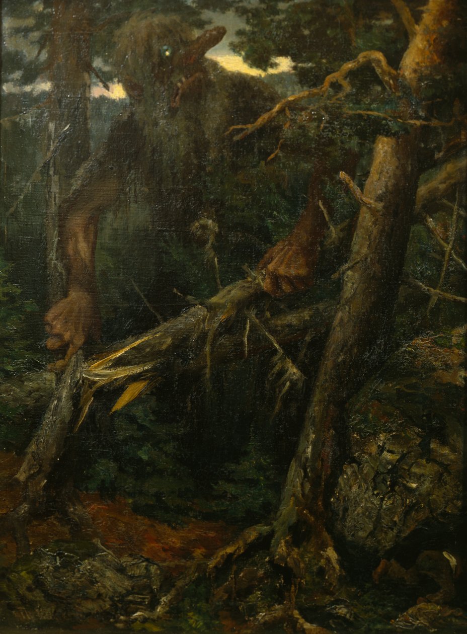 Ormandaki ağaçları kıran yaşlı trol by Theodor Kittelsen
