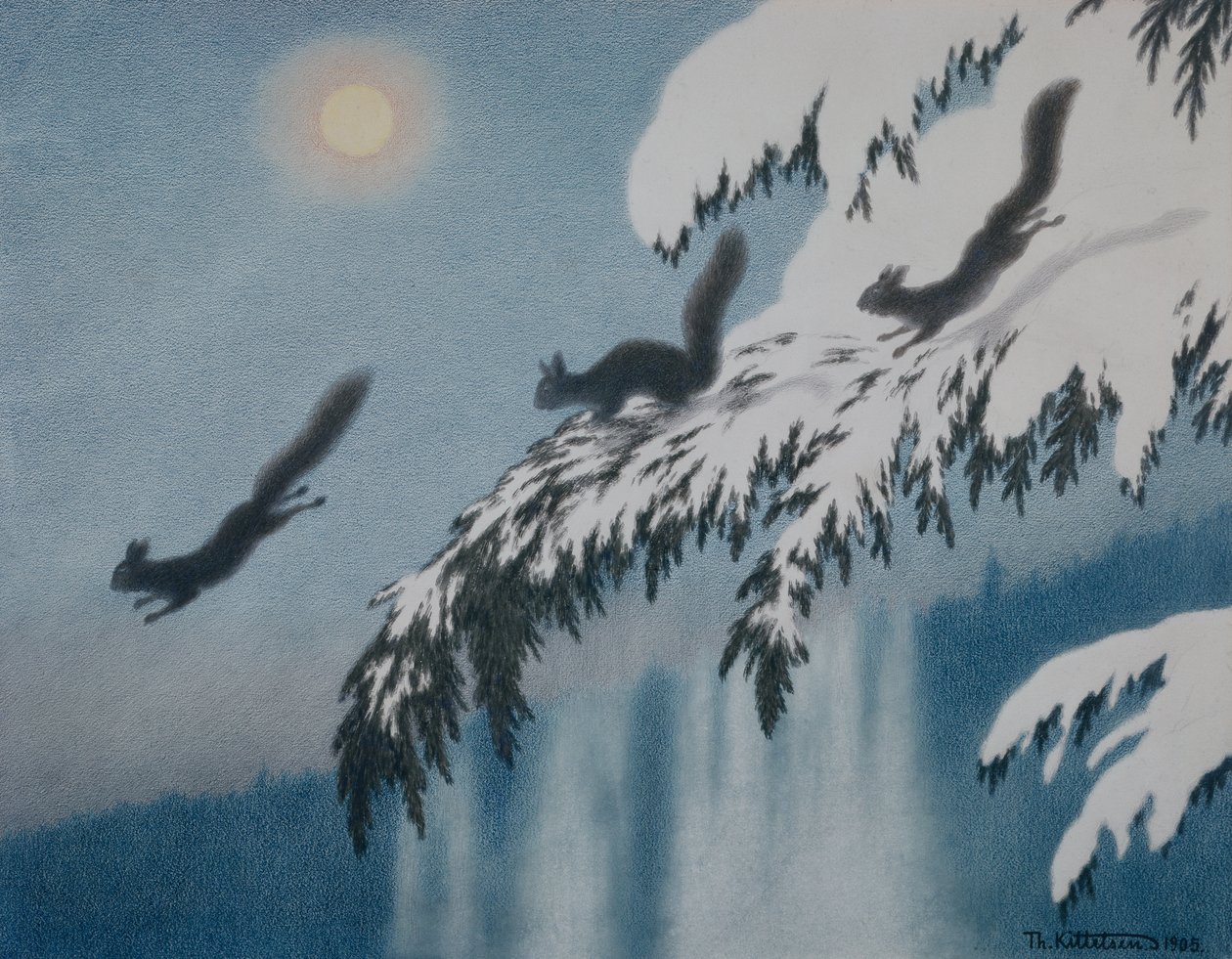Kış akşamı - Sincap uçuşta by Theodor Kittelsen