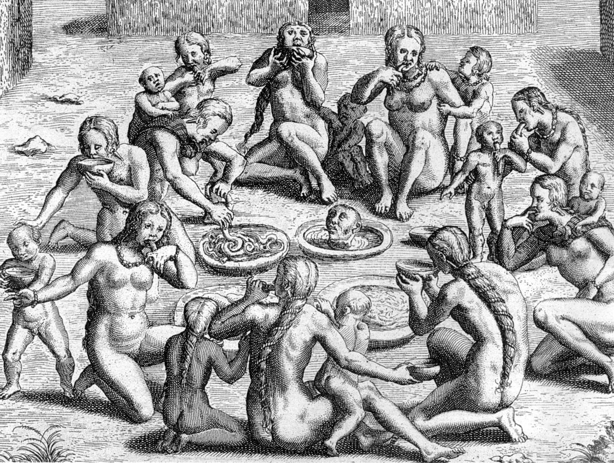 Bağırsaklardan Bir Et Suyu Yapılır: Yeni Dünya'da (Amazonia) Kızılderililer tarafından yamyamlık, Theodore de Bry'nin 1578'de yayınlanan "Le Voyage au Brezil de Jean de Lery 1556-1558" kitabı için gravürü by Theodor de Bry