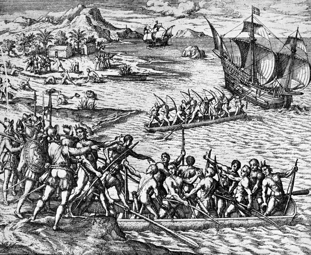 "Kızılderililerin saldırısı", La Herradura 1930'da yayınlandı (gravür) by Theodor de Bry