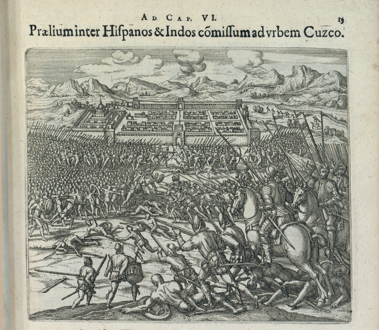 İspanyollar ve Kızılderililer arasında Cuzco kapılarında savaş, 1596. by Theodor de Bry