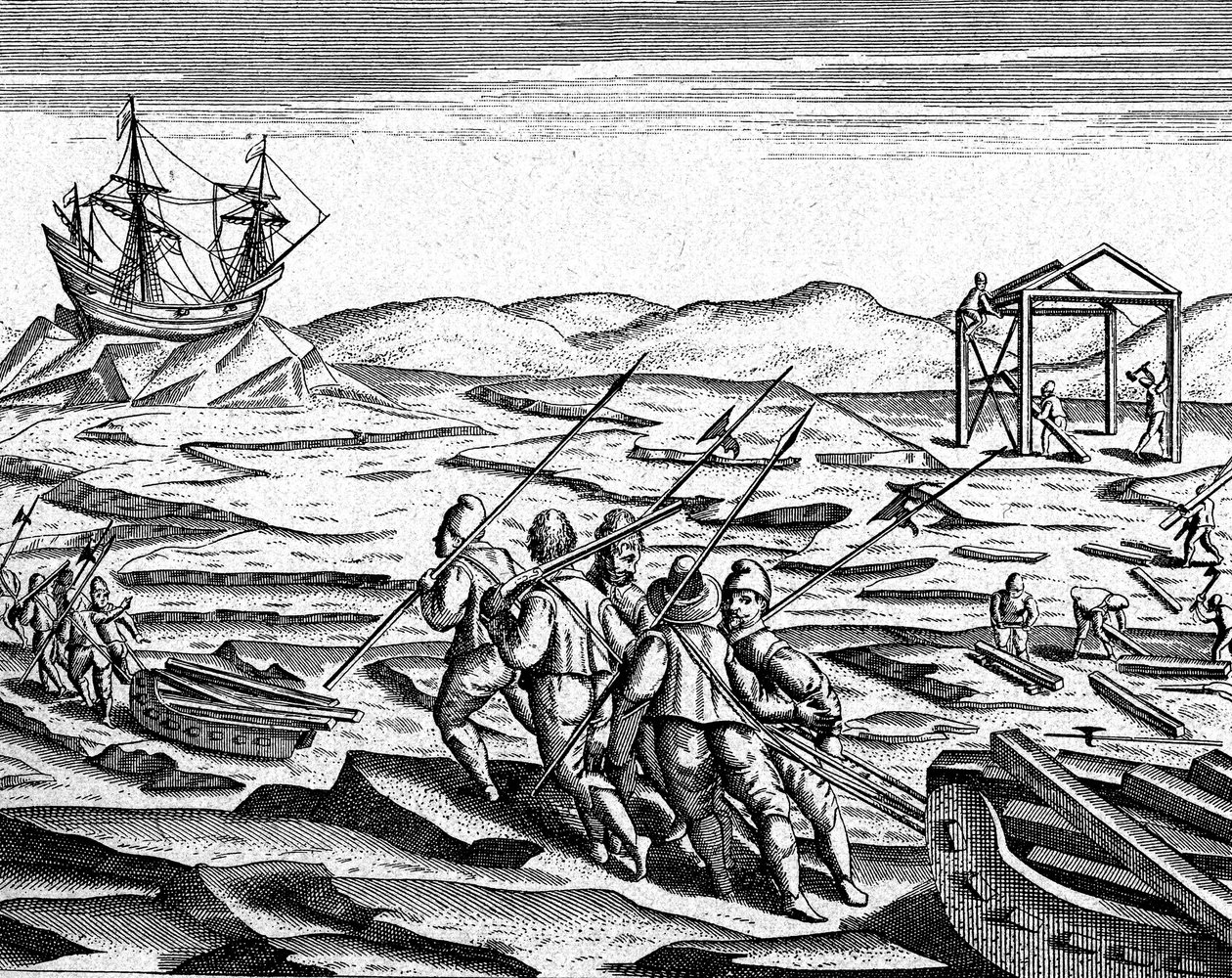 Kuzey Kutbu#39;nda kış için bir evin inşası, 1600 dolayları (gravür) by Theodor de Bry