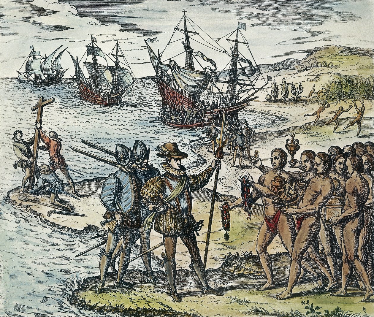 Hint Adaları'na Columbus Çıkarması. 1594 (ksilografi) by Theodor de Bry