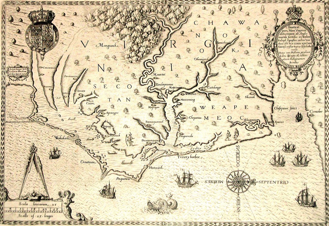 Theodore de Bry tarafından, Roanoke valisi İngiliz sömürgeci John White tarafından suluboyadan sonra oyulmuş 1590 haritası. Virginia ve nehrin ağzında küçük adalar ve Roanoke ile sahil. Secotan ve Weapemeoc yerli toprakları. by Theodor de Bry