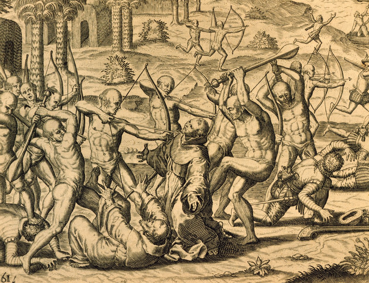 Güney Amerika'daki misyoner rahiplerin şehitliği, Historia americae'den gravür, Theodor de Bry (1528-1598), Frankfurt by Theodor de Bry