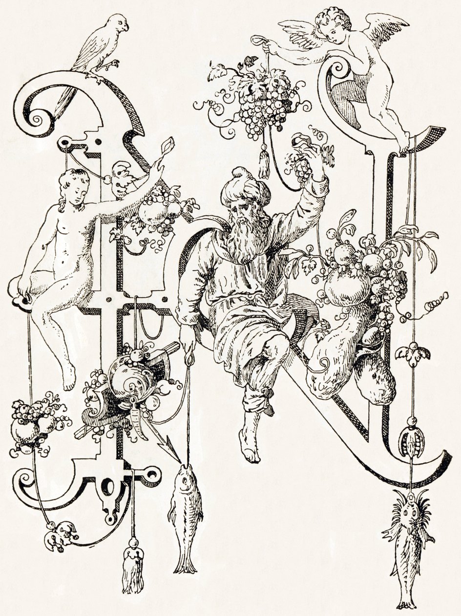 N - El sabio Natham - T. de Bry'den Alfabe (yeni sanatsal alfabe) by Theodor de Bry