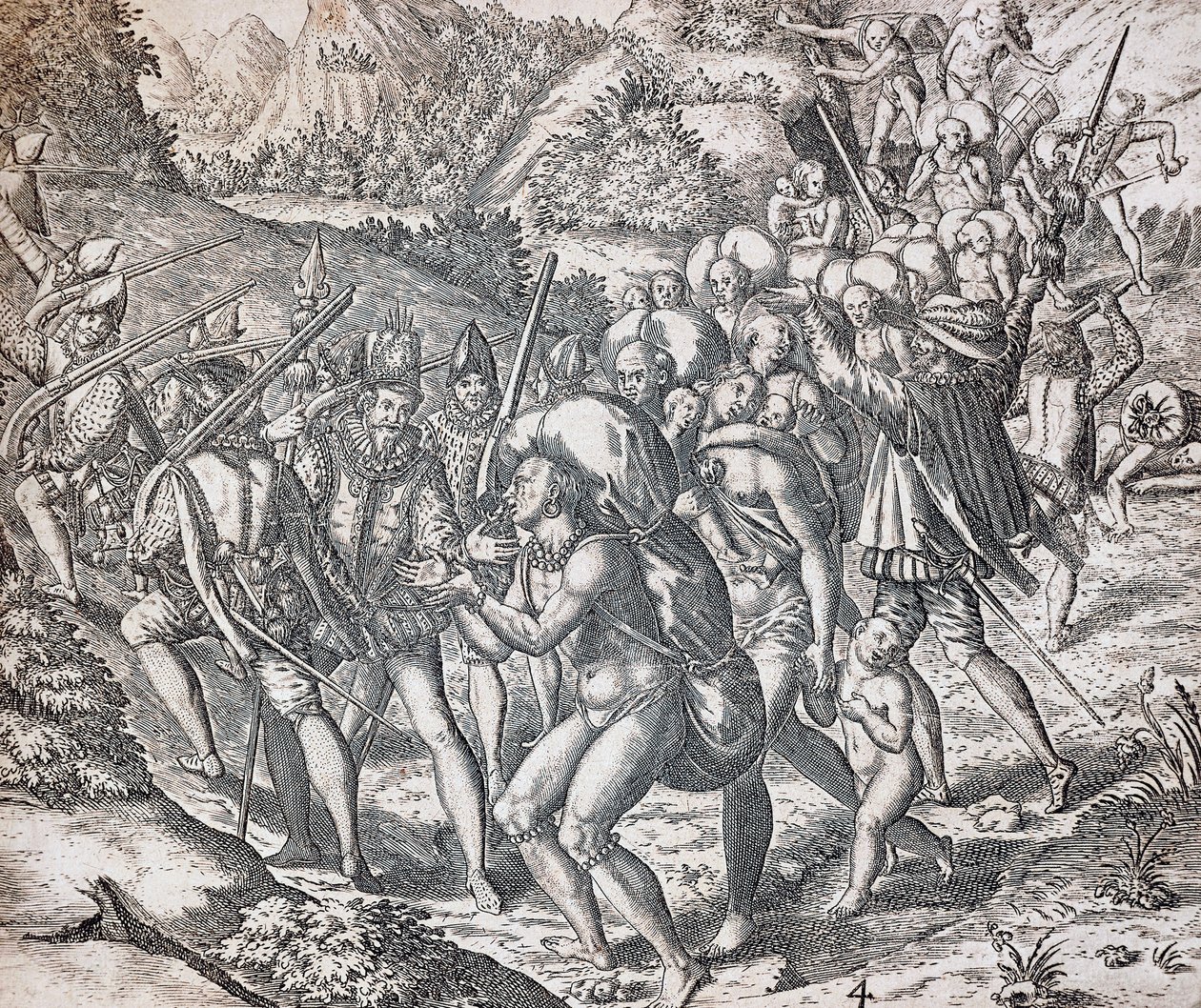 Yerlilerin Sevilla'da köleliğe götürülmek üzere gemilere bindirilmesi, Theodor de Bry (1528-1598), Antiller tarafından gravür by Theodor de Bry
