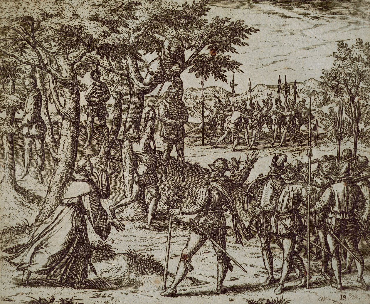 Theodore de Bry tarafından Yeni Dünya'da Kristof Kolomb'un bazı adamlarının asılmasına ceza by Theodor de Bry