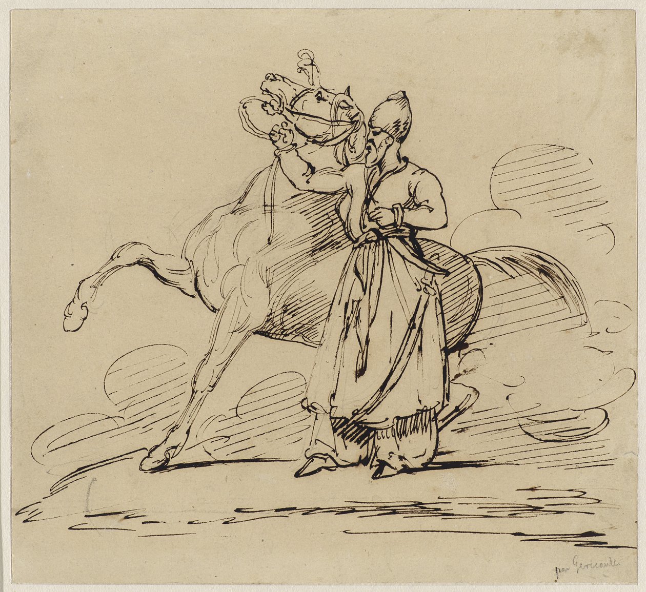 Persan kiracı un cheval (Farsça Atı Tutuyor), c.1817-22 (dokuma kağıt üzerinde grafit izleri olan kalem ve kahverengi mürekkep) by Theodore Gericault