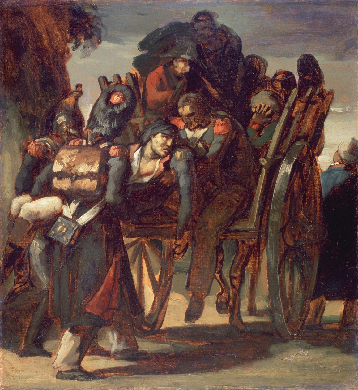 Arabada Yaralı Askerler, 1814-17 (tuval üzerine serilmiş kağıt üzerine yağlı boya) by Theodore Gericault