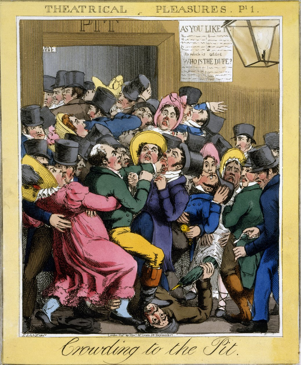 Çukura Kalabalık, Teatral Zevklerden Levha 1, pub. Thos. McLean, Londra, 1821 (el boyaması gravür) by Theodore Lane