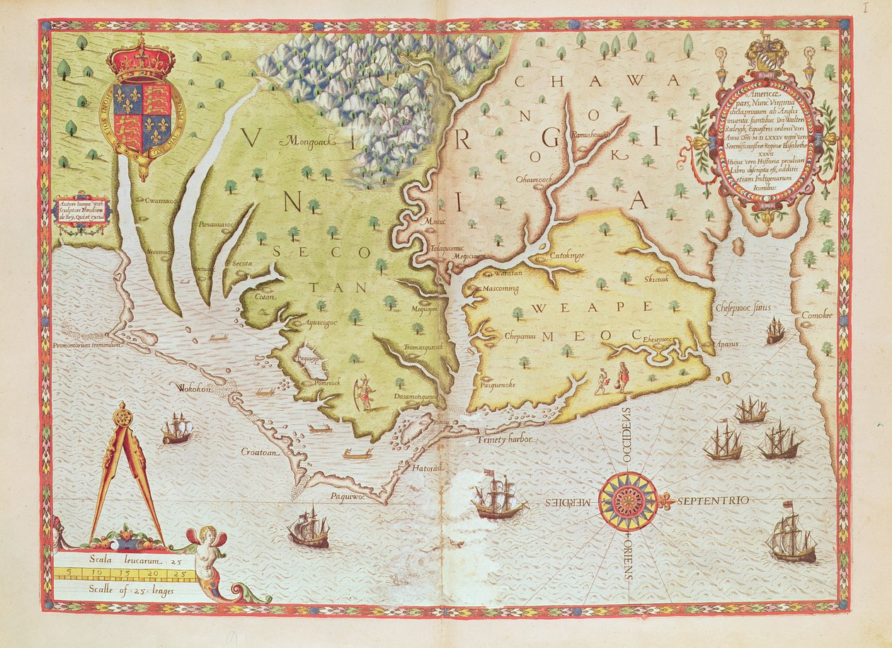 Admiranta Narratio... Virginia Haritası (sayfa 44-45), 1585-1588 (renkli gravür_ by Theodore de Bry