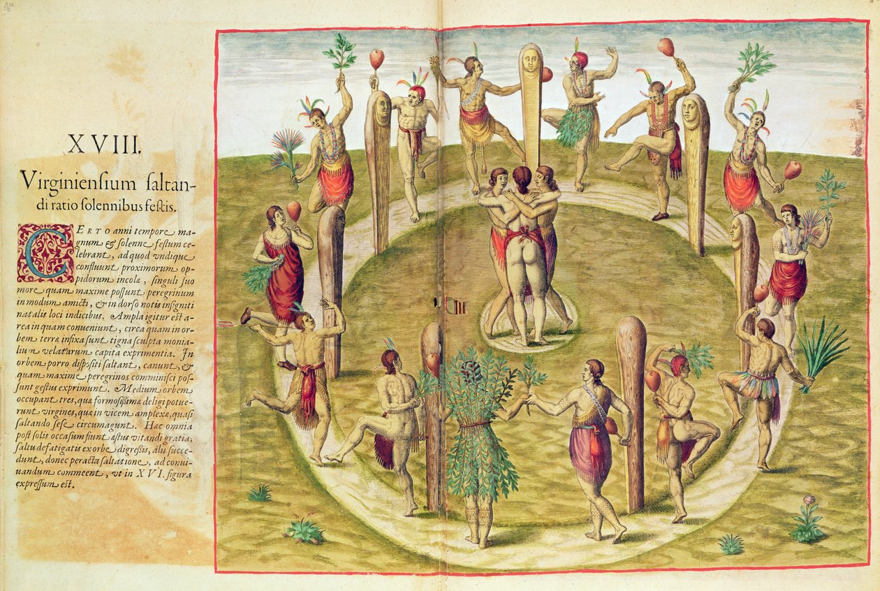Admiranta Narratio, Arkadaşlığın Virjinya Ritüel Dansı (sayfa 85), 1585-88 (renkli gravür) by Theodore de Bry