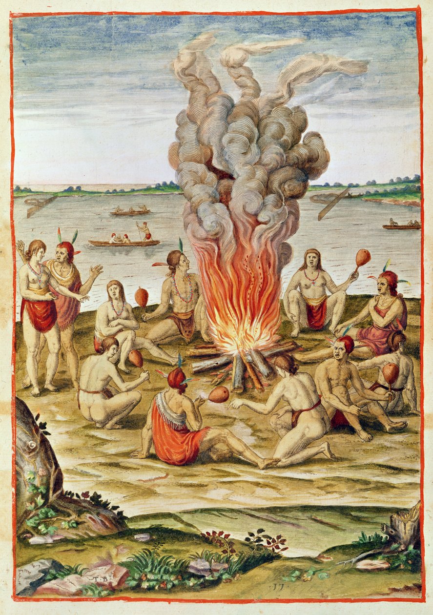 Admiranta Narratio, Ateşin Etrafında Zaferin Kutlanması (sayfa 79, levha 17), 1585-88 (renkli gravür) by Theodore de Bry