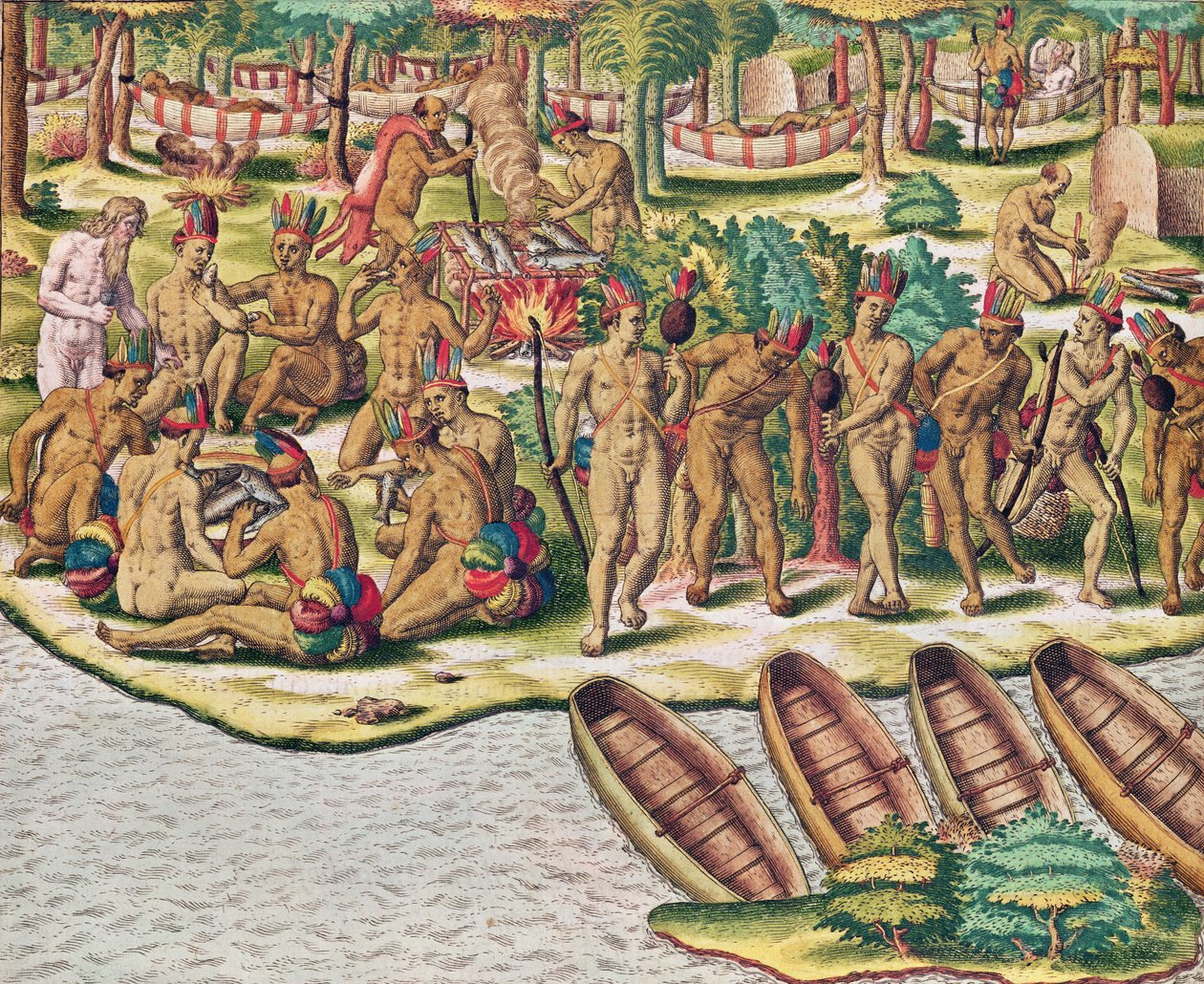 Americae Tertia Pars, Düşmanlara Karşı Seferden Önce Müzakere Ediyor (sayfa 432), 1563 (renkli gravür) by Theodore de Bry