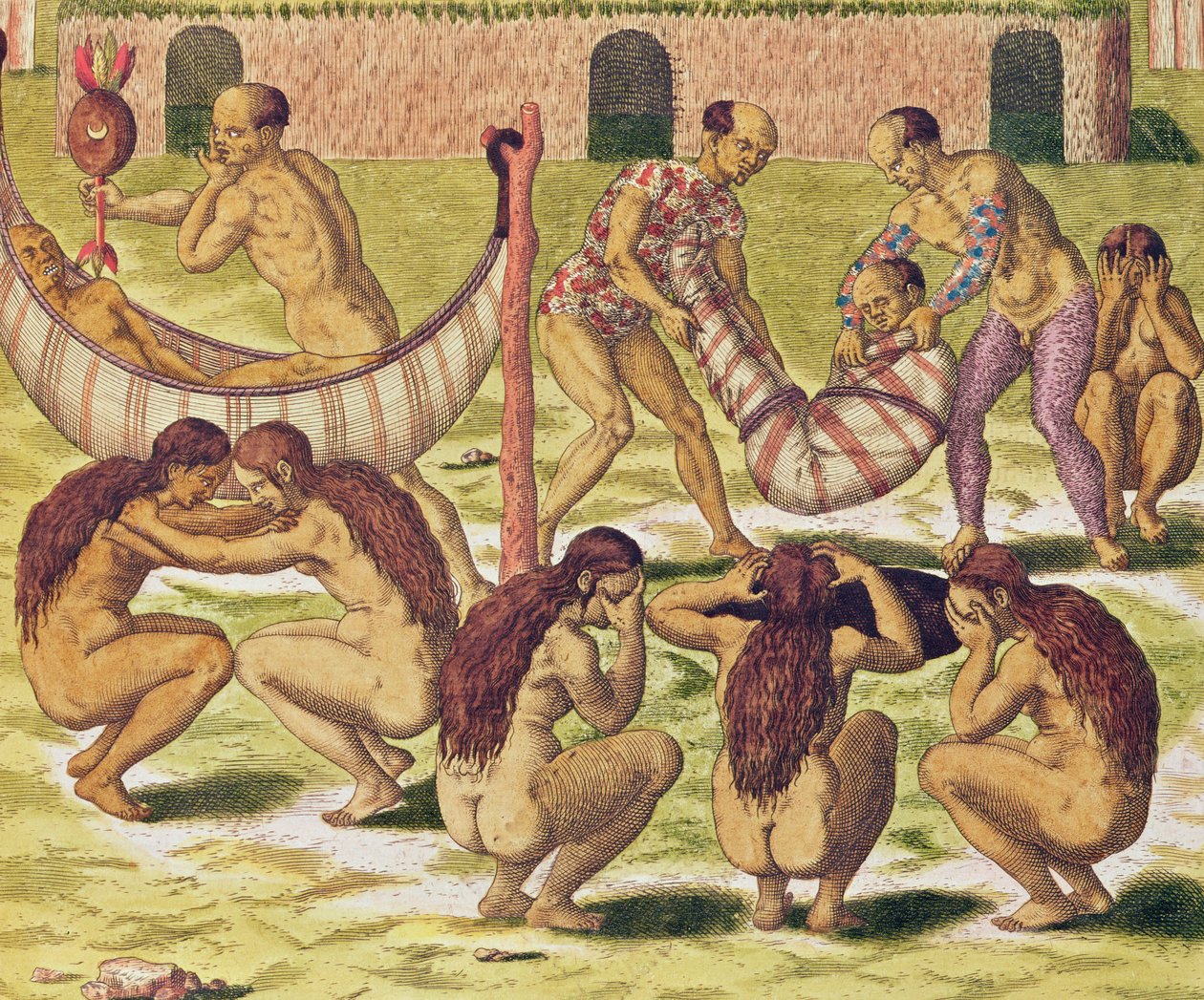 Americae Tertia Pars, Küçük Kral Pipo Jep Wasu eve hasta dönüyor (sayfa 371), 1562 (renkli gravür) by Theodore de Bry