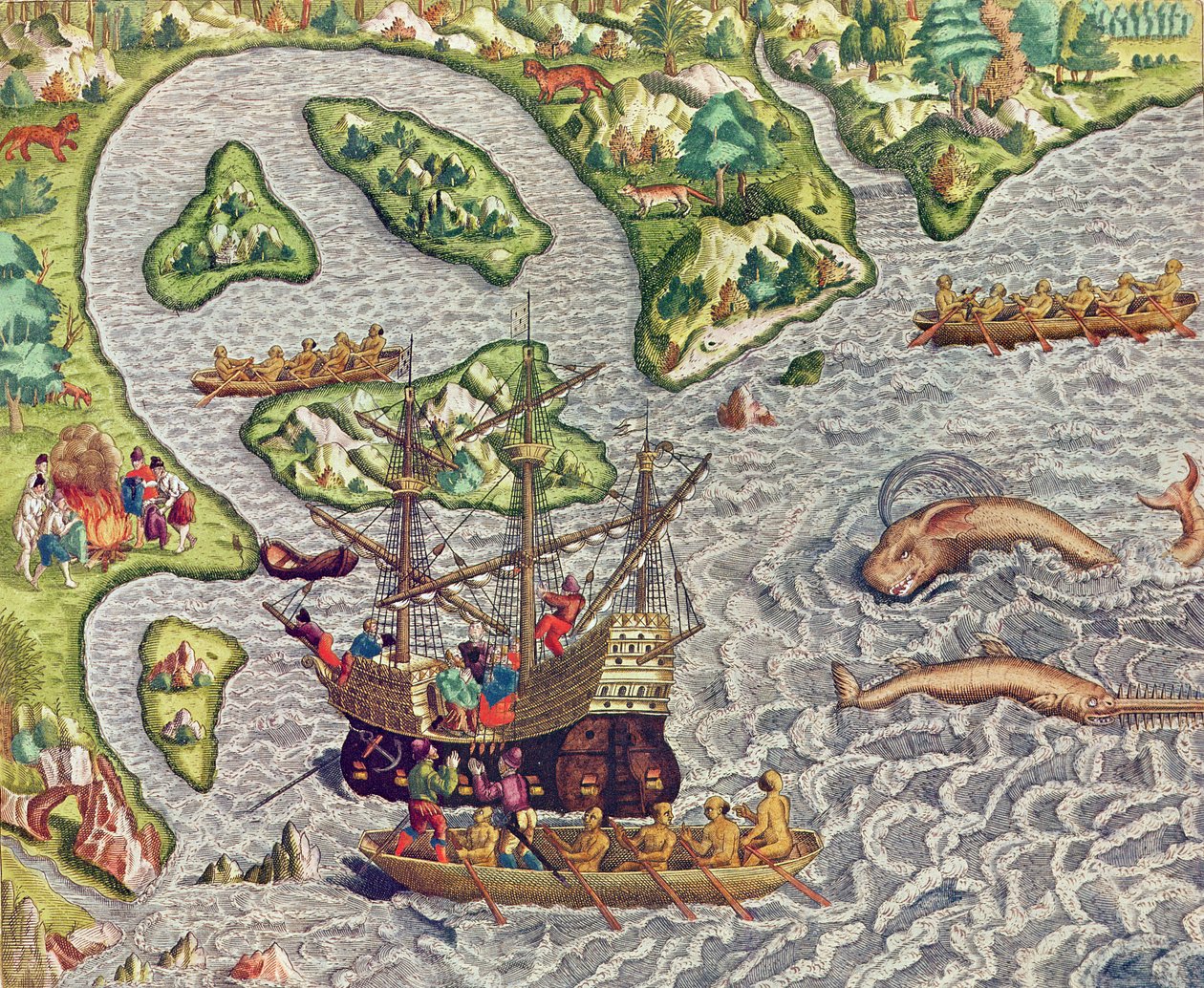 Americae Tertia Pars, barbar teknesi yardımıyla barbar teknesi yardımıyla gemimize biniş (sayfa 333), 1562 (renkli gravür) by Theodore de Bry
