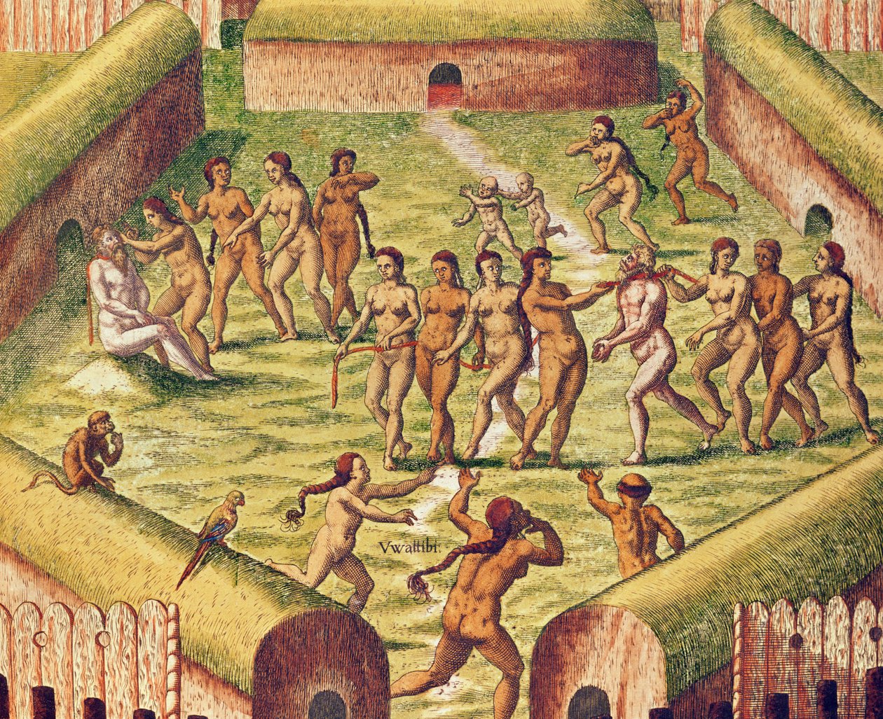 Americae Tertia Pars, the prisoner in the middle of the native Indian village (page 353), 1562 (colour engraving) by Theodore de Bry