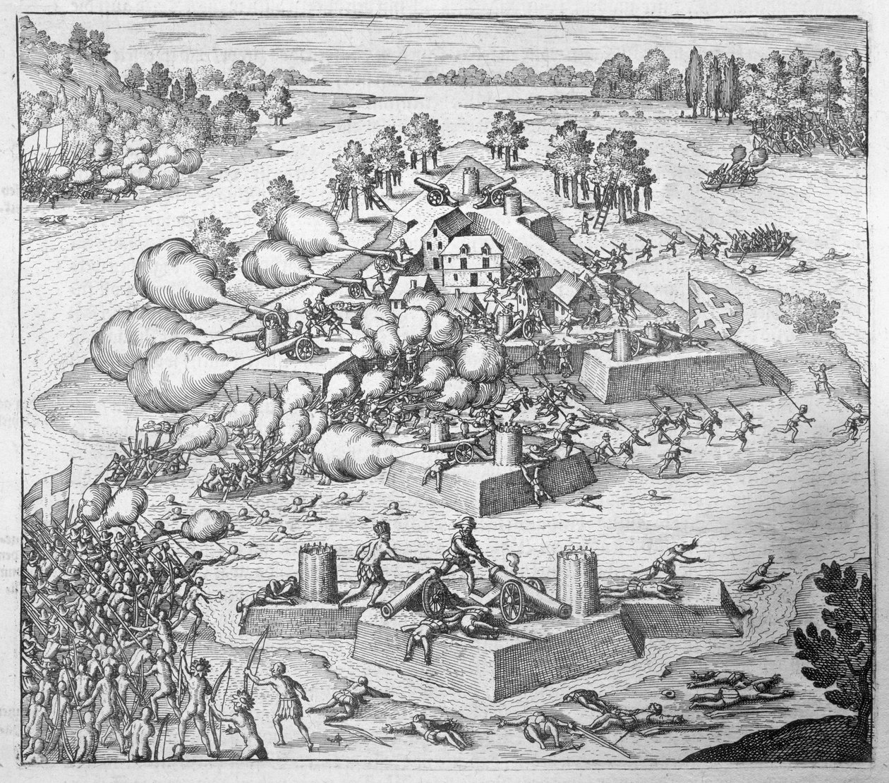 Fransız Protestan yerleşimcilerinin imhası, Fort Charles, Florida, 1562, Johann Ludwig Gottfried tarafından yazılan 