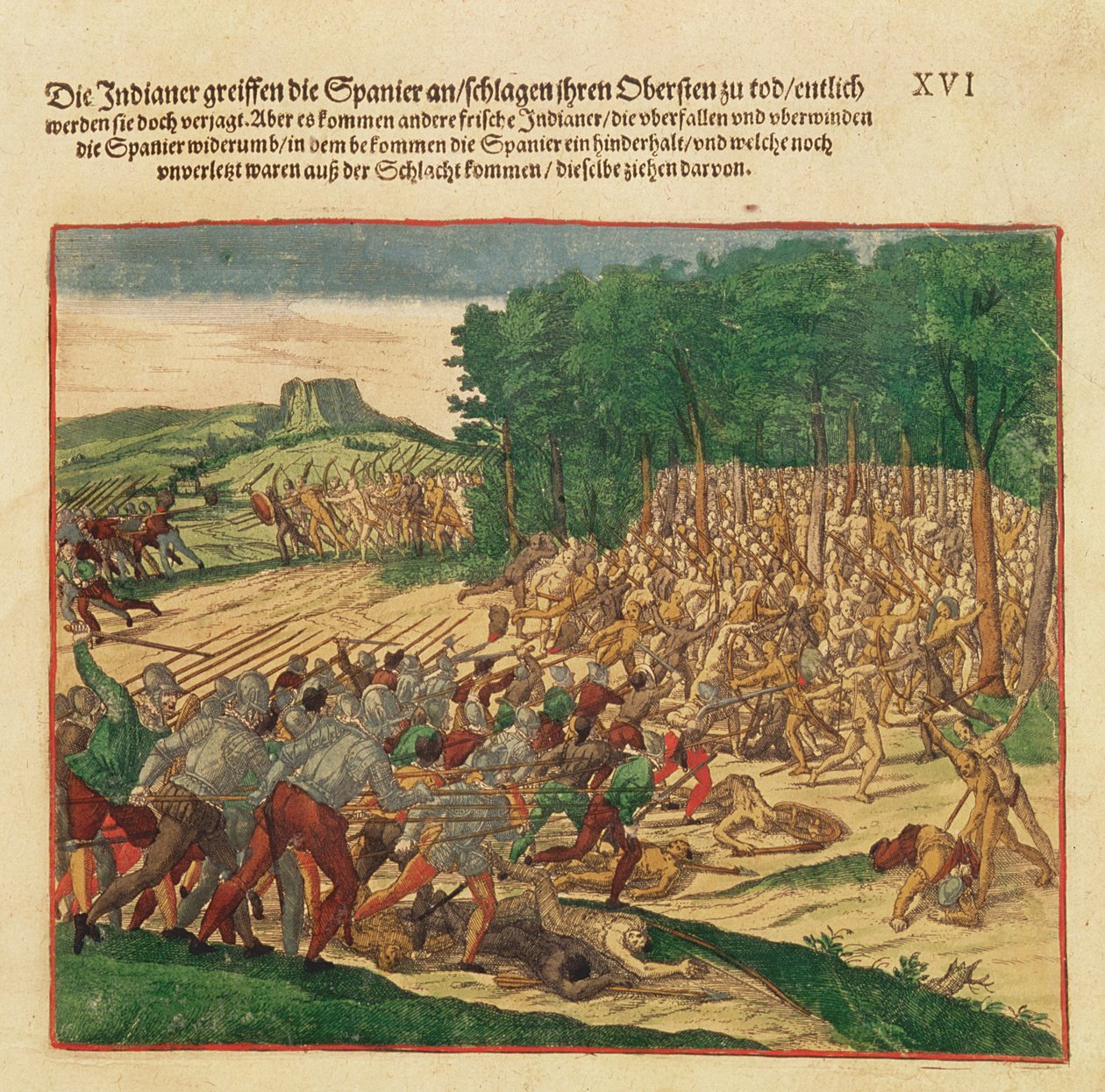 İspanyol albayın dövülerek öldürüldüğü Kızılderililer ve İspanyollar arasındaki savaş by Theodore de Bry