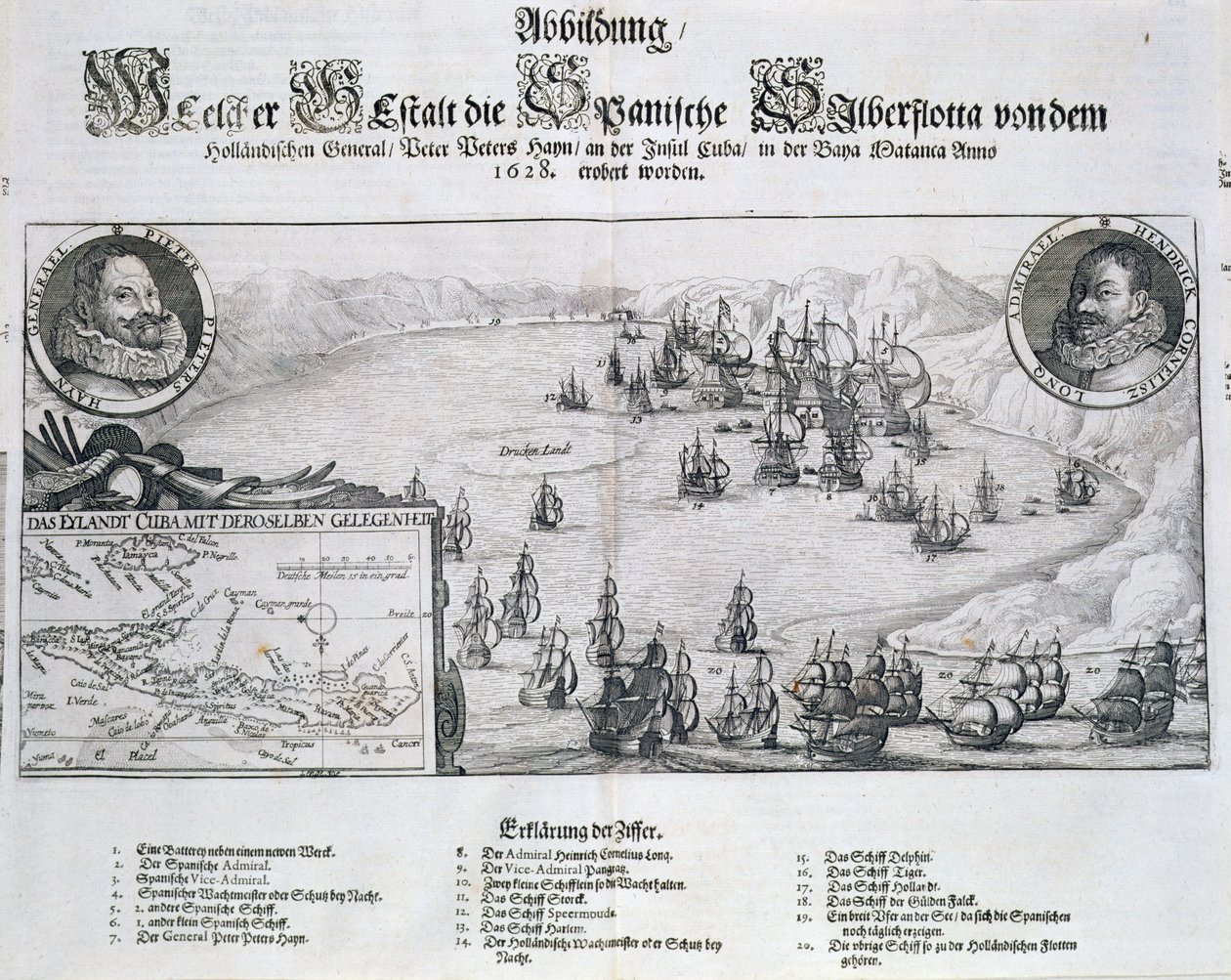 İspanyol filosunun Hollandalılar tarafından Amiral Piet Heyn (1578-1629) altında Matanzas, Küba, 1628, Johann Ludwig Gottfried tarafından Mattaeus M tarafından yayınlanan 